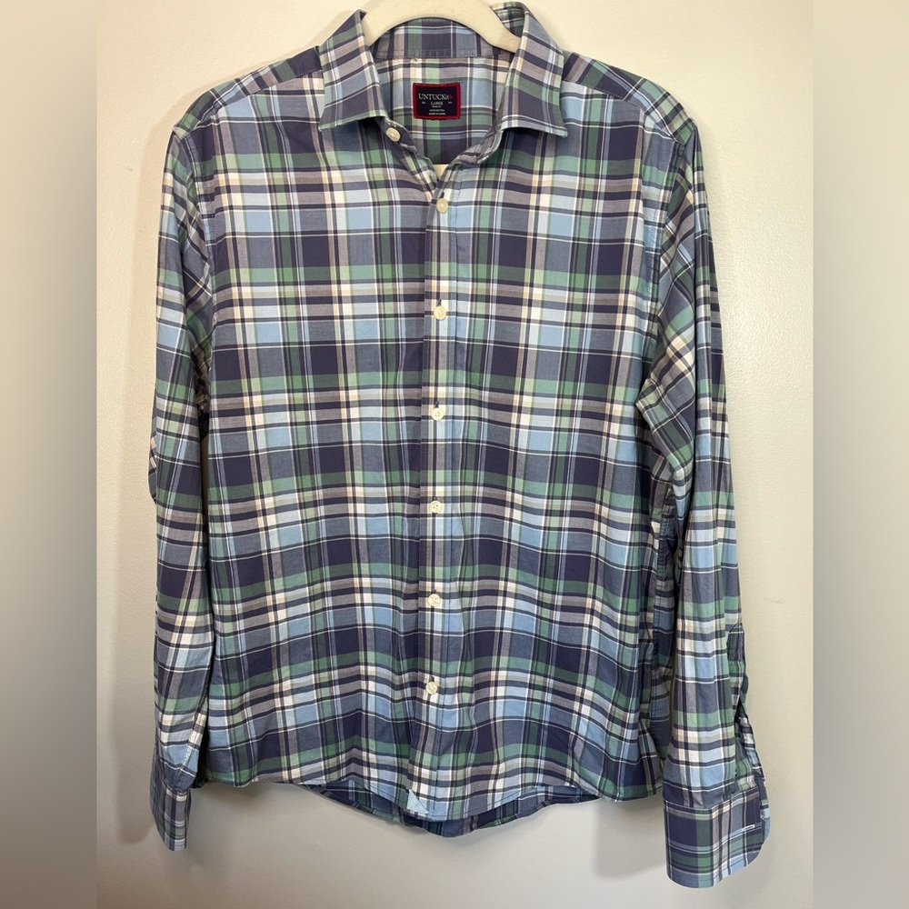 UNTUCKit Men's Rombauer Blue and Green Cotton Slim Fit Plaid Button Shirt Size L